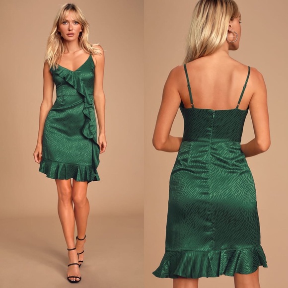 Lulus Green Zebra Satin Ruffled Dress NWT - Picture 2 of 5